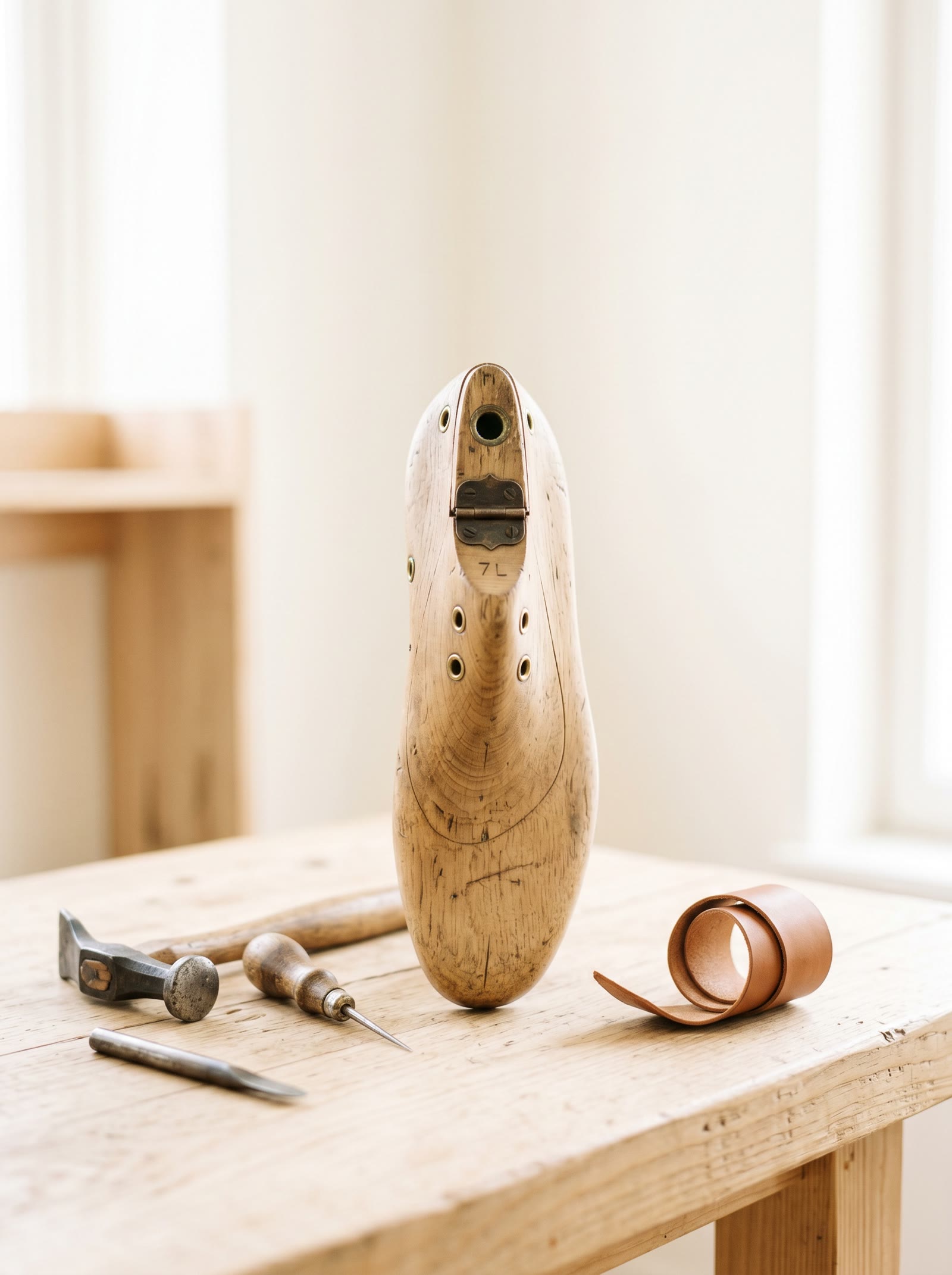 Forma in legno per scarpe sul banco da lavoro del calzolaio