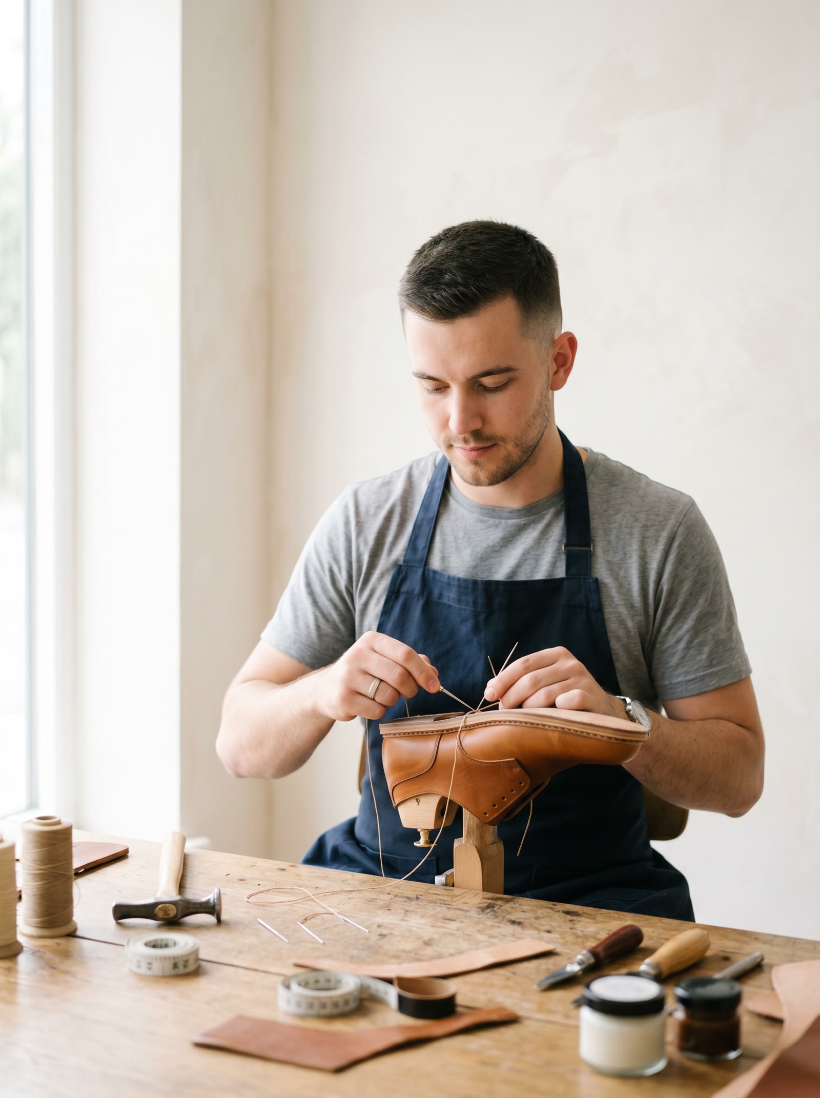 Mani dell'artigiano che lavorano il cuoio